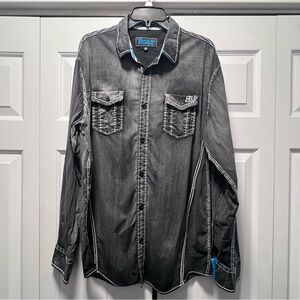 Roar Shirt Mens XL Faded Black Button Up Long Sleeve Embroidered Stitch Y2K Teal